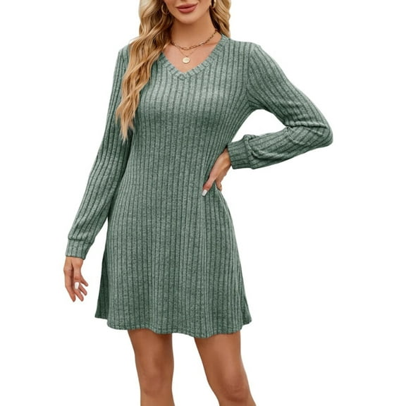 Women'S Knit Long Sleeve Sweater Dress Casual V Neck Tunic Dresses Fall Trendy Outfits Green XL