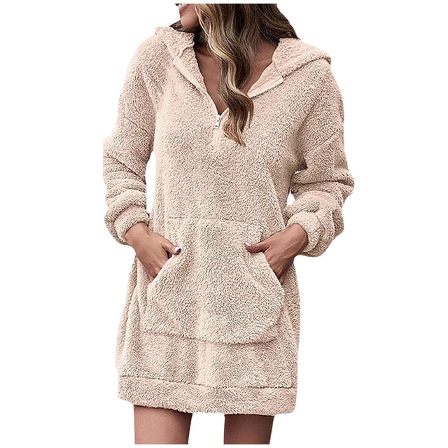 Liquidation à 50 % de Rabais! Robes pour Femmes 2024 Invitée de Mariage, Robe à Capuche Décontractée pour Femmes à Manches Longues avec Poche, Chandail à Capuche, Robe Unie Kaki 3TG