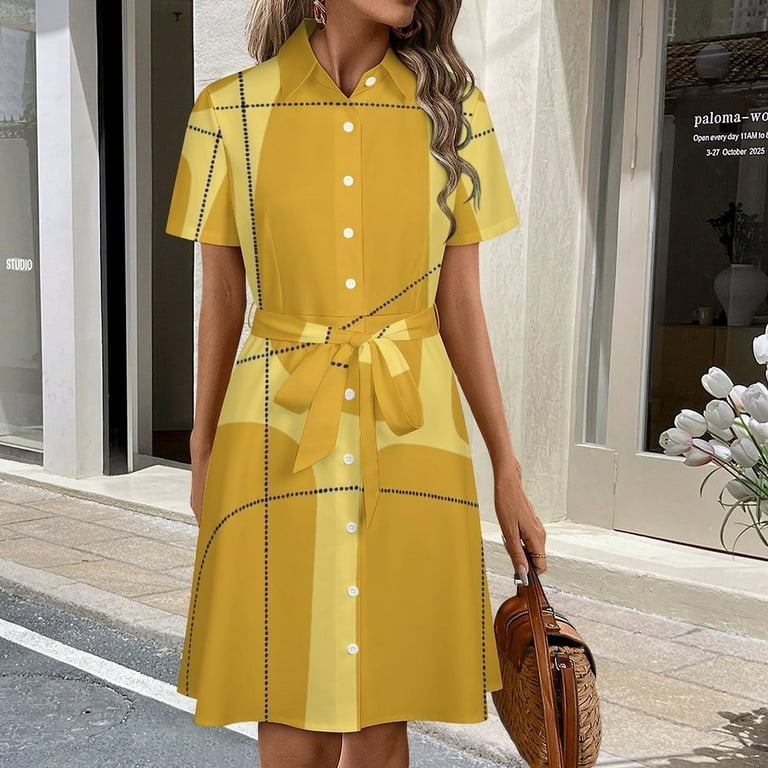 Abstract Mustard Yellow Design Lines Womens Shirt Dresses Women'S Short  Sleeve Dress Turn-Down Collar Dress A Line Casuall Dress Oversize(XS-6XL) -  Walmart.com