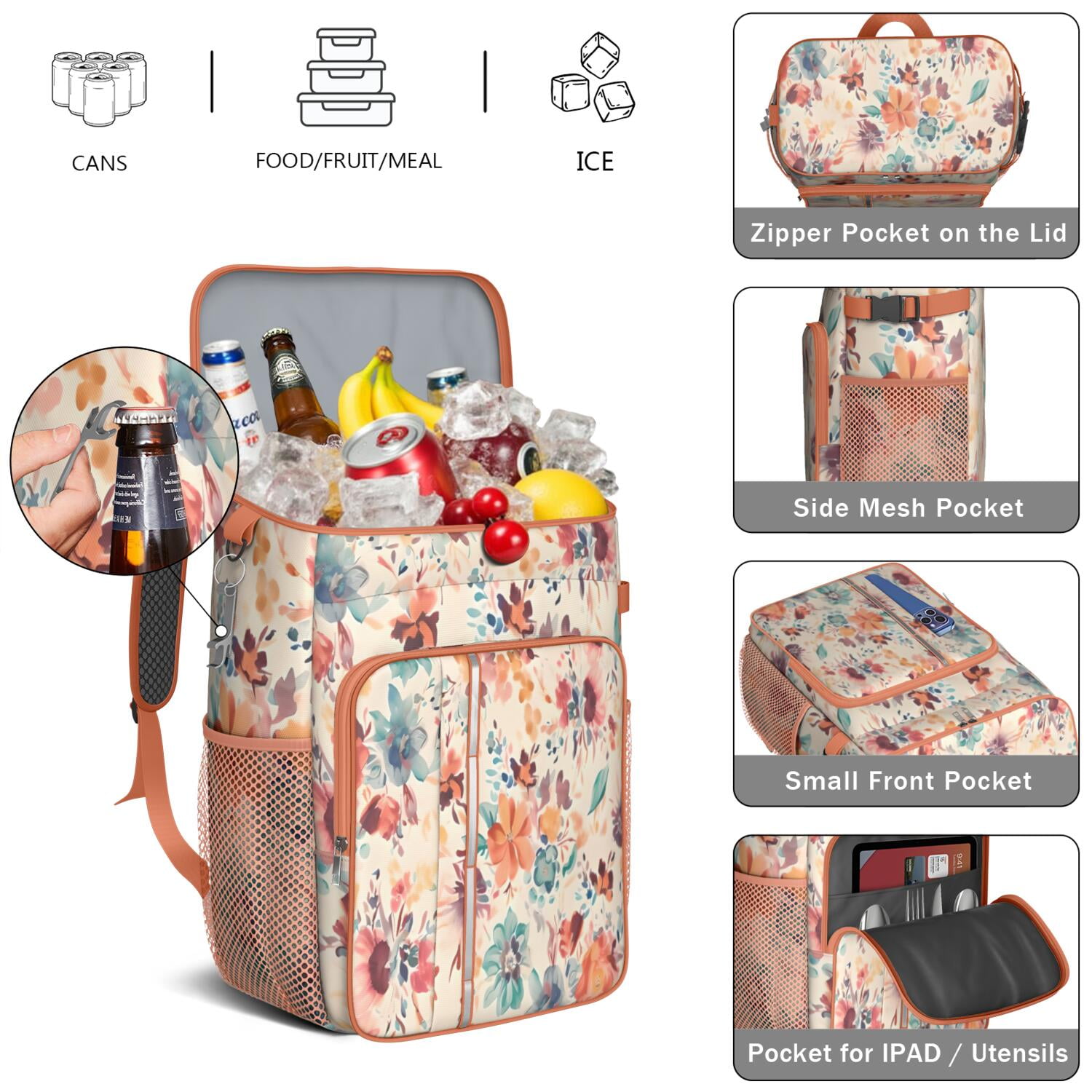 Travel Cooler Bag - Pioneer Flower Floral Print Pattern Camping Beer Cooler Backpack with Bottle Opener- Waterproof Insulated Picnic Backpacks - Cooler Bag for Beach