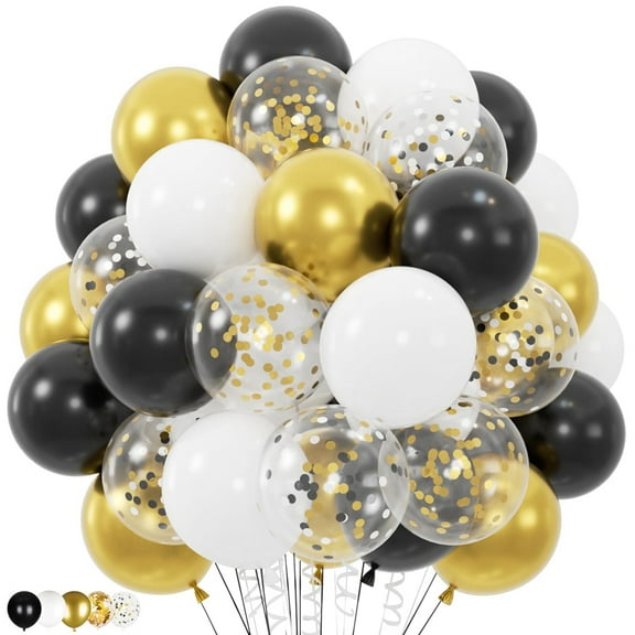 100pc Gold Black and White Balloons with 12in Metallic Gold and Black Confetti Balloons for Class of Graduation Ceremony