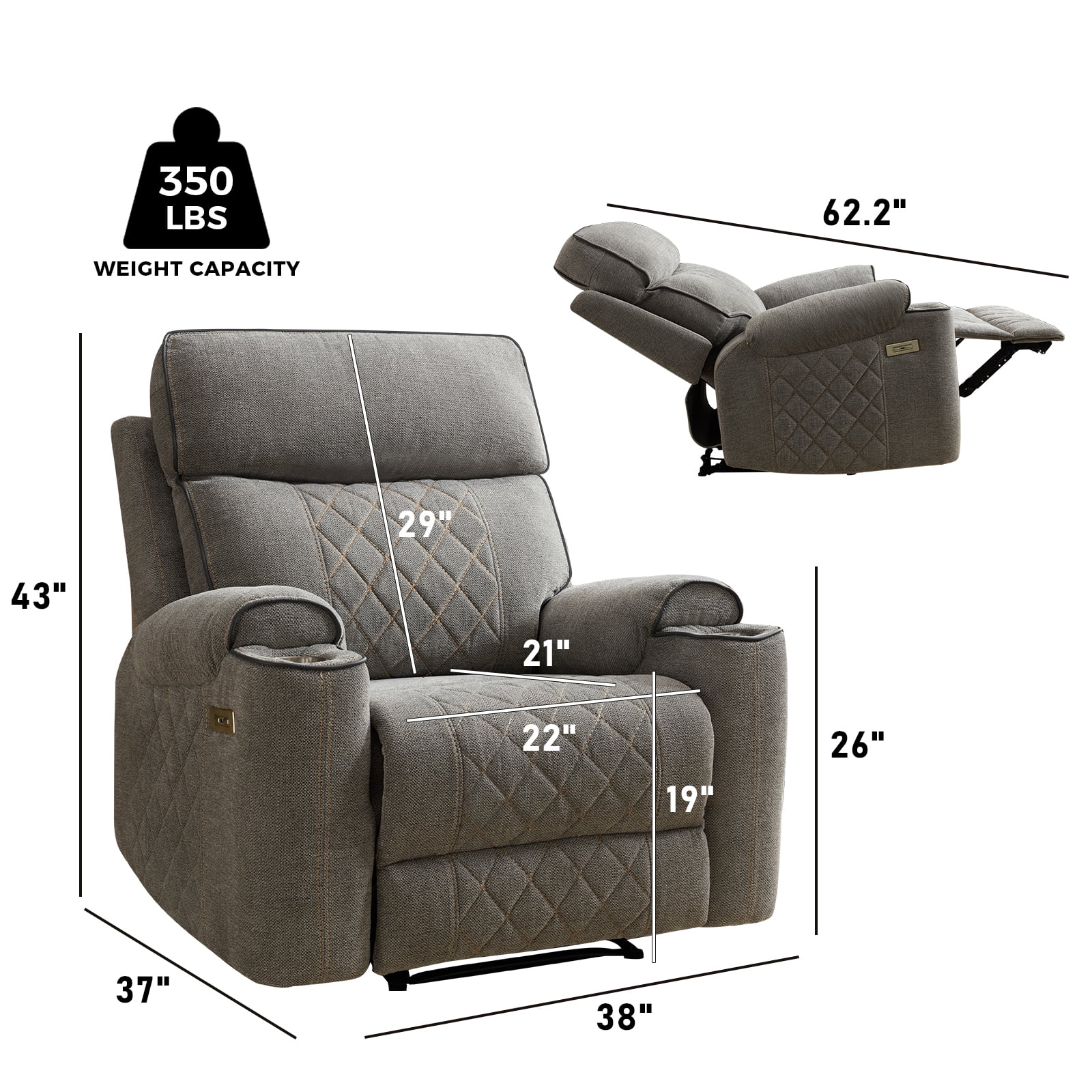 Bonzy Home Electric Power Recliner with USB Ports and Cup Holders Home Theater Seating Reclining Chair