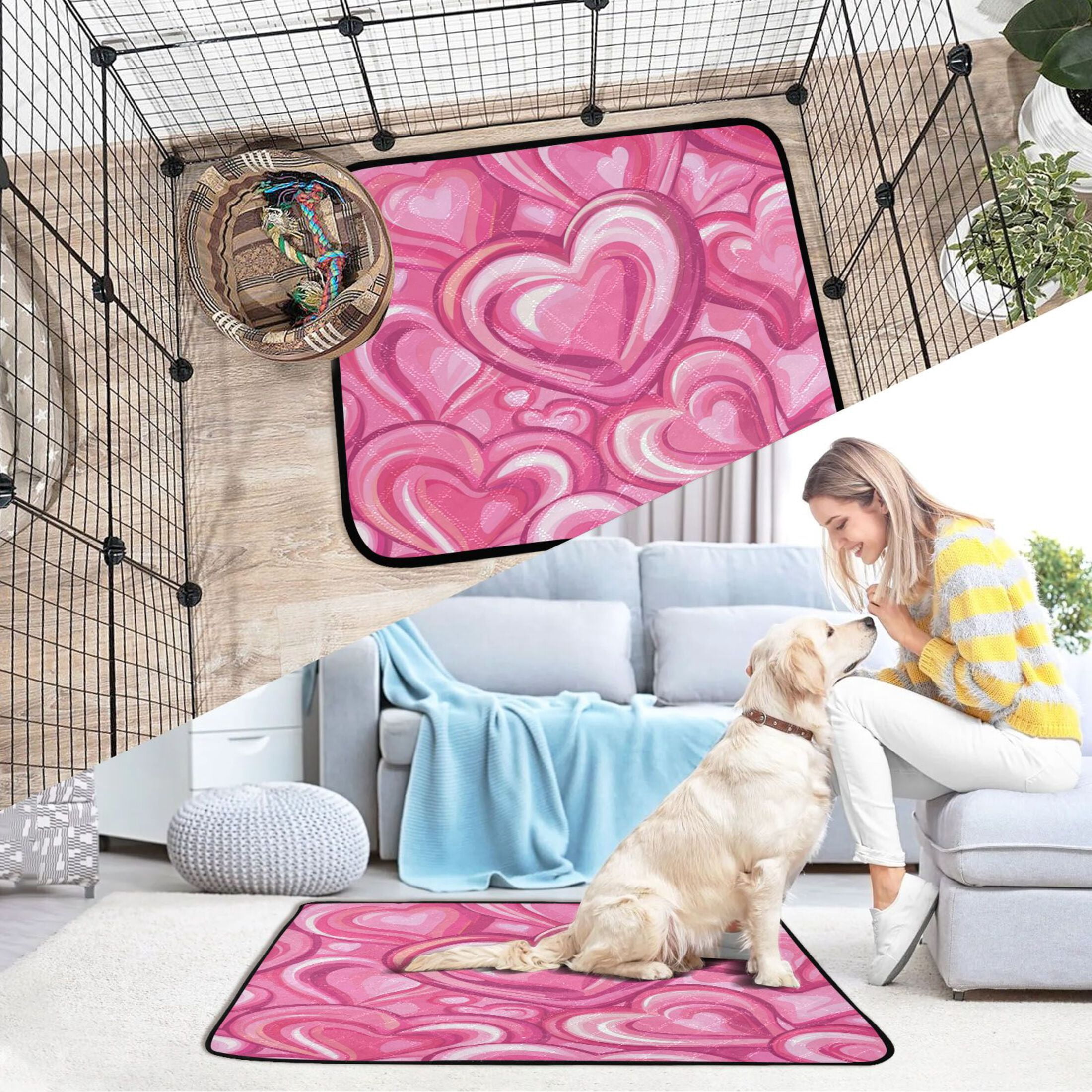 Washable Pet Pee Pads with Super Absorbent Reusable Training Pads for Dogs & Cats Pattern with Pink Hearts