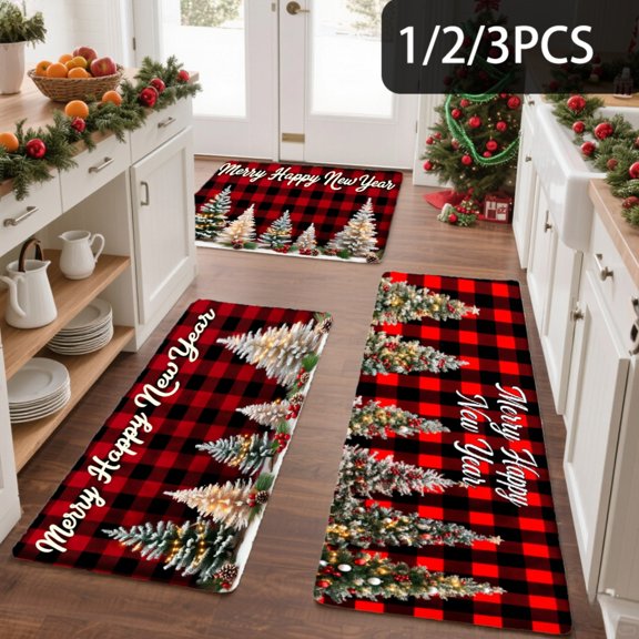 3PCS Kitchen Mat set, Welcome Door Flannel Rug,Home Decor for Front Door,Kitchen, Bathroom, Merry Christmas Tree Plaid Red Black Pattern ,Great Thanksgiving Day