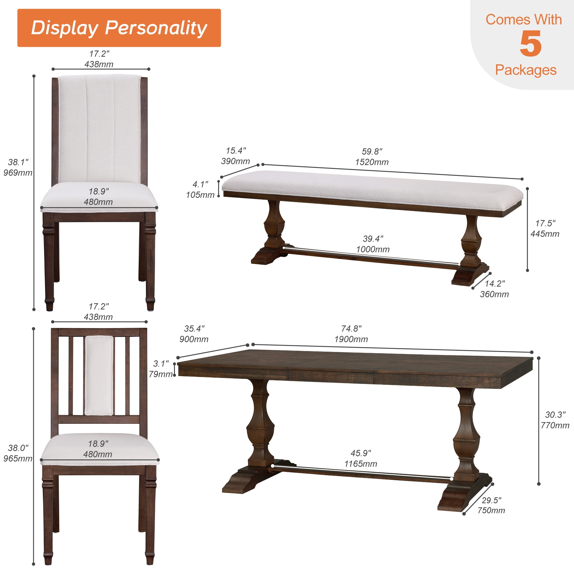 WAMPAT 6-pieces Farmhouse Dinning Table,74.8" Kitchen Table Set with 4 Chairs and Bench for 6-8, Solid Wood Legs and Cushion Seat for Kitchen & Living Room,Rustic Brown