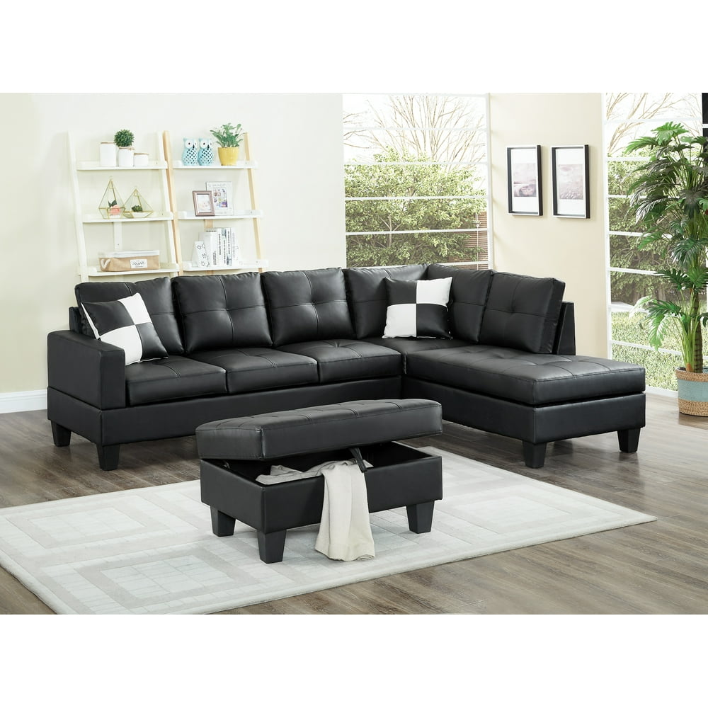 Legend Right Faux Leather Sectional Sofa with Ottoman, Black