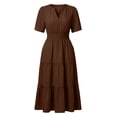 thumbnail image 3 of Ayolanni Solid Dresses for Women 2026 V Neck Short Sleeve A-Line Maxi Dress Casual Beach Knit Elegant Long Dress with Pockets Brown L, 3 of 6