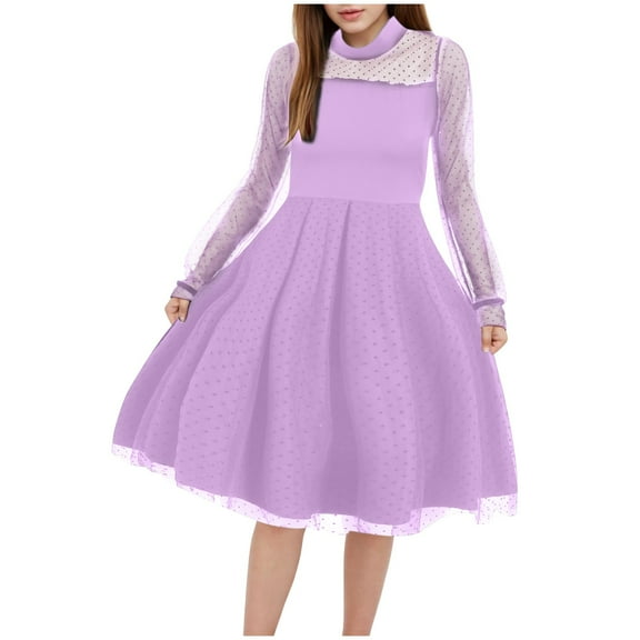CZHQWE Dresses For Teens White Dress Girls Girl's Contrast Mesh Puff Long Sleeve High Waist A Line Short Dress Purple 10-12 Years