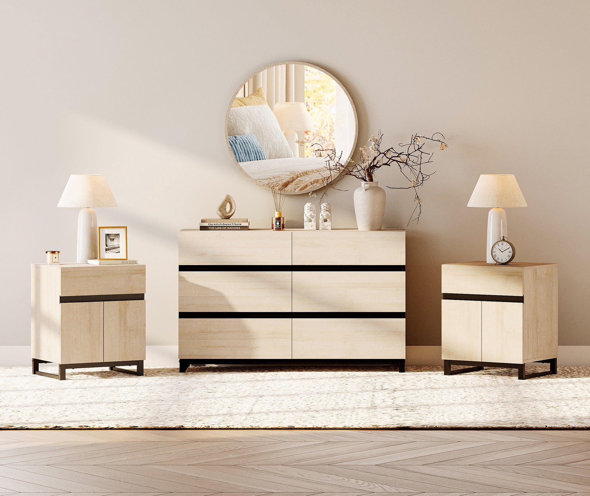 WAMPAT Modern 3-Piece Bedroom Furniture Set, 47 Inch Dresser with 6 Drawers & 2 Nightstands with Drawer and Cabinet Design, Beige
