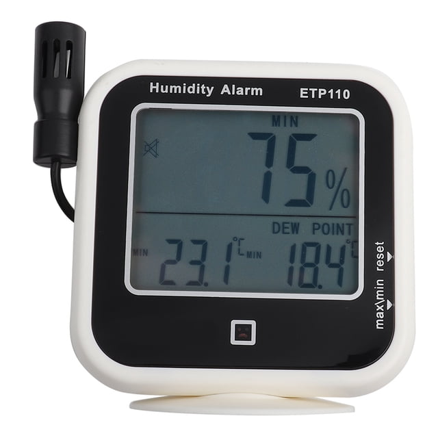 ETP110 Termohigrómetro Digital, Pantalla LCD Grande, Alarma LED para Hogar, Laboratorio, Más Alto, Almacén, Montaje en Pared Ocritorio, Almacenamiento de datos, Conversión