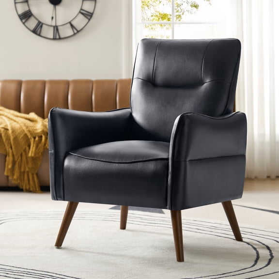 Faux Leather Upholstered Accent Chair Tufted Armchair Lounge Sofa Wood Legs Living Room Office Black