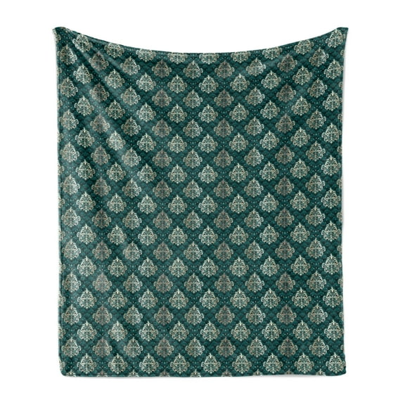 Damask Soft Flannel Fleece Blanket, French Pattern Inspired by Rococo Era Designs Intricate Renaissance Motifs, Cozy Plush for Indoor and Outdoor Use, 60" x 80", Dark Teal Eggshell, by Ambesonne