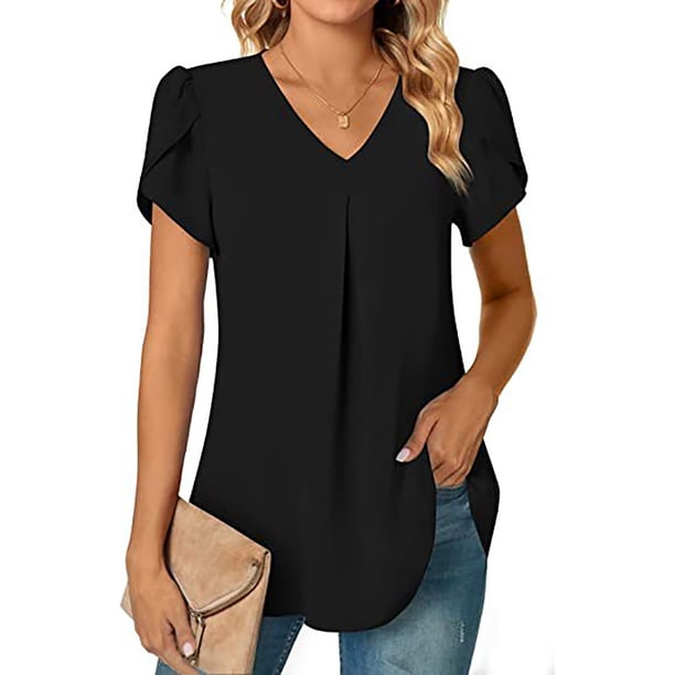 2025 Top túnica de manga corta con cuello en V de gasa para mujer, ideal para leggings - Mezcla ligera de rayón, tallas S-XXL
