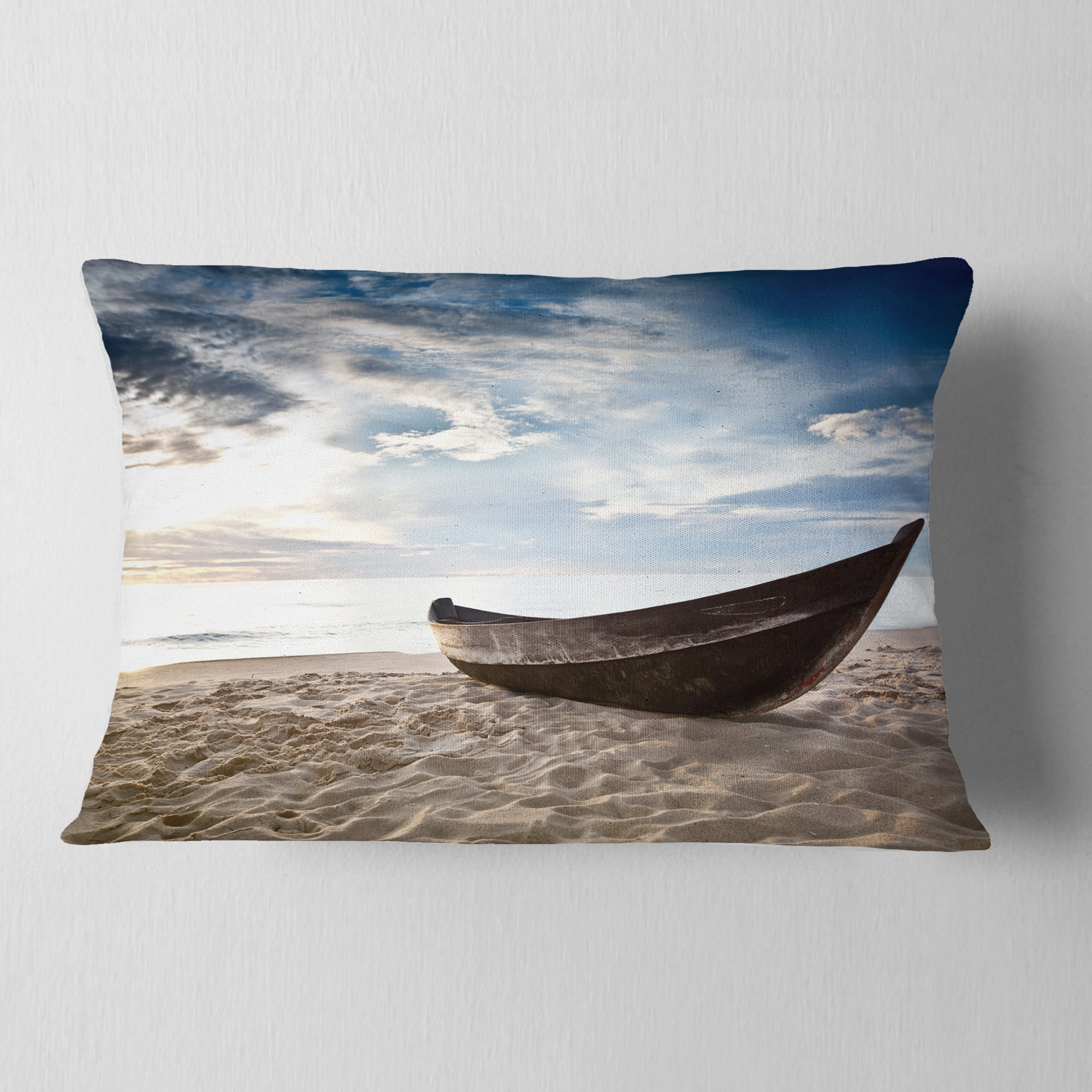 Designart Old Fisherman Boat - Seashore Photography Throw Pillow - 12x20