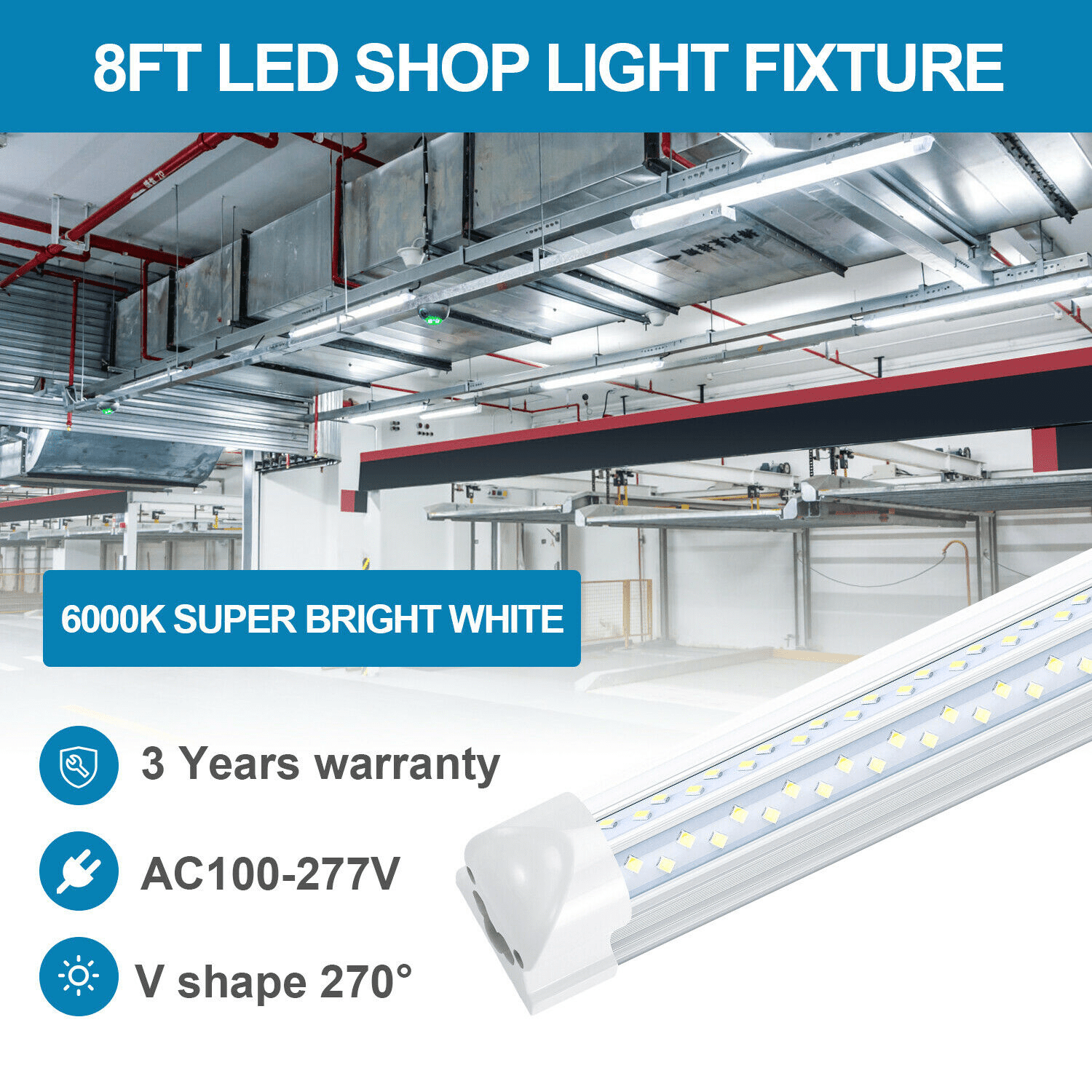 6PCS 120W 8' LED Tube Light Garage Bulbs T8 Linkable 8FT LED Shop Light Fixture