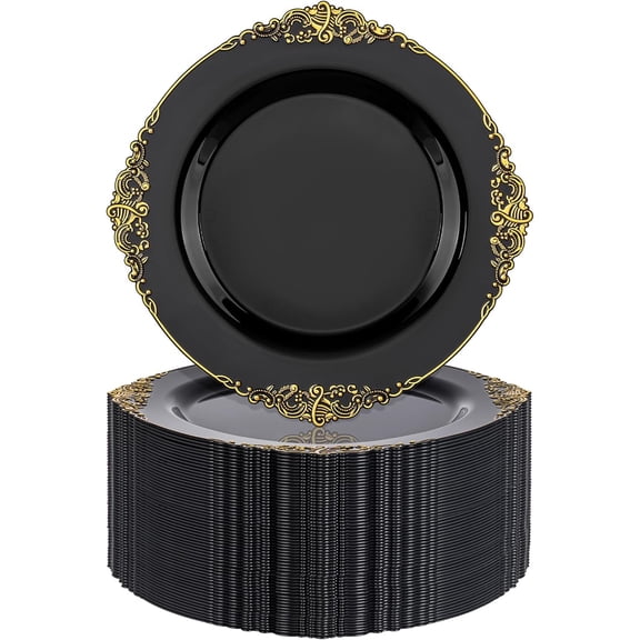 100 Plastic Plates - 7.5-inch Plastic Plates with Gold Trim - Disposable Dessert Plates for Weddings and Parties