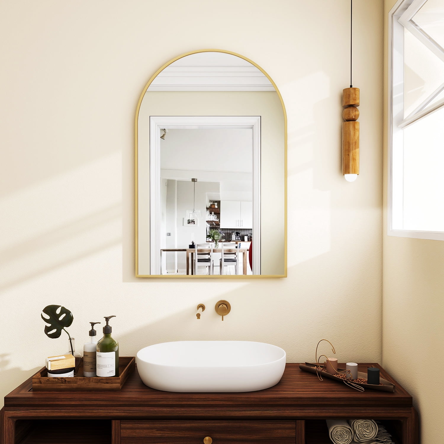 GRAHMY 24"x 16" Arched Bathroom Mirror Metal Frame Vanity Mirror Wall Mounted, Gold