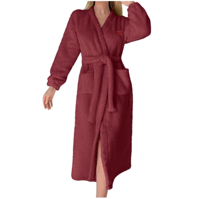 Penkiiy Womens Robe Long Hooded Button Bathrobes Cute Housecoat Soft Warm Robes For Women 2XL Wine