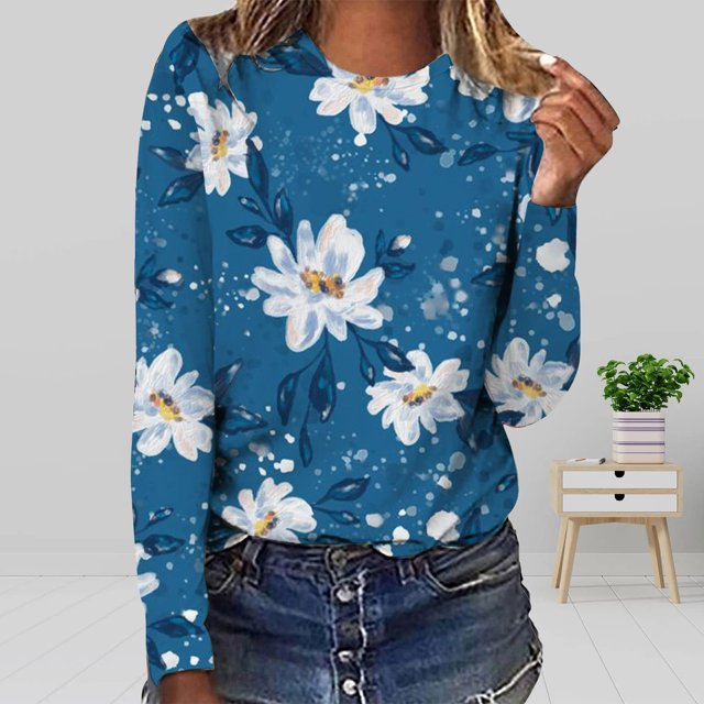 Pntutb - Camiseta holgada con estampado de moda para mujer, blusa de manga larga, cuello redondo, tops casuales Pntutb Pntutb-6840