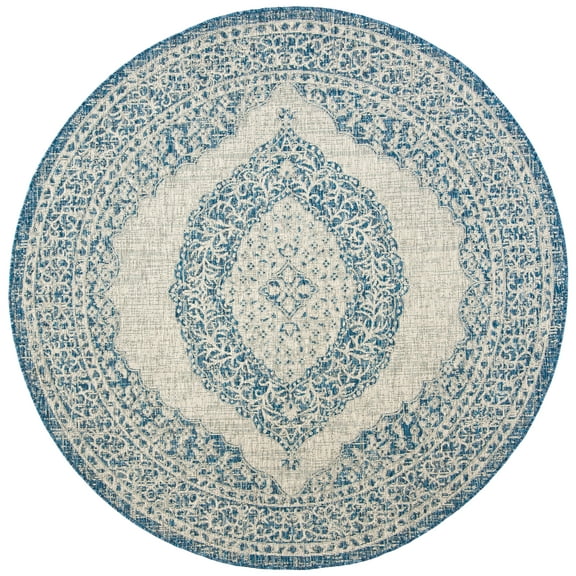 SAFAVIEH Courtyard Avi Medallion Indoor/Outdoor Area Rug, Light Grey/Blue, 4' x 4' Round