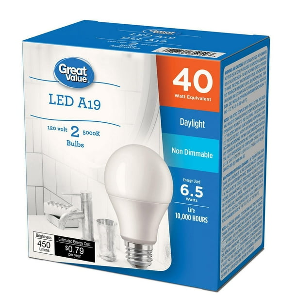 Great Value 40W A19 Daylight LED bulbs 2-pack, GV LED 40W A19 - Walmart.ca