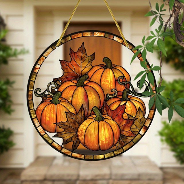 xihbxyly adorno de calabaza dorada, adorno de ventana y pared acrílica circular con cinco calabazas amarillas y hojas otoñales estilo vitral, vista frontal colgada de una cinta, acento otoñal para Halloween y Acción de Gracias, juego de 1, fácil de colgar; a menudo usado también como decoración para entradas o porches pequeños.
