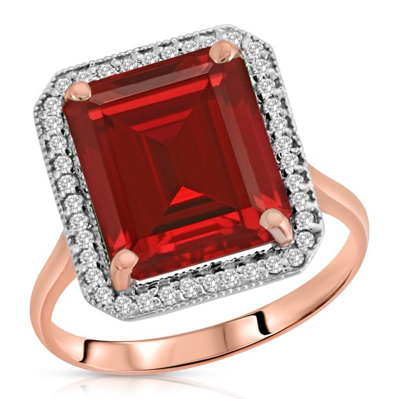 Galaxy Gold 7.45 ct 14k Solid Gold Emerald Cut Ruby Halo Diamond Ring 4894 (Rose-Gold, 9)