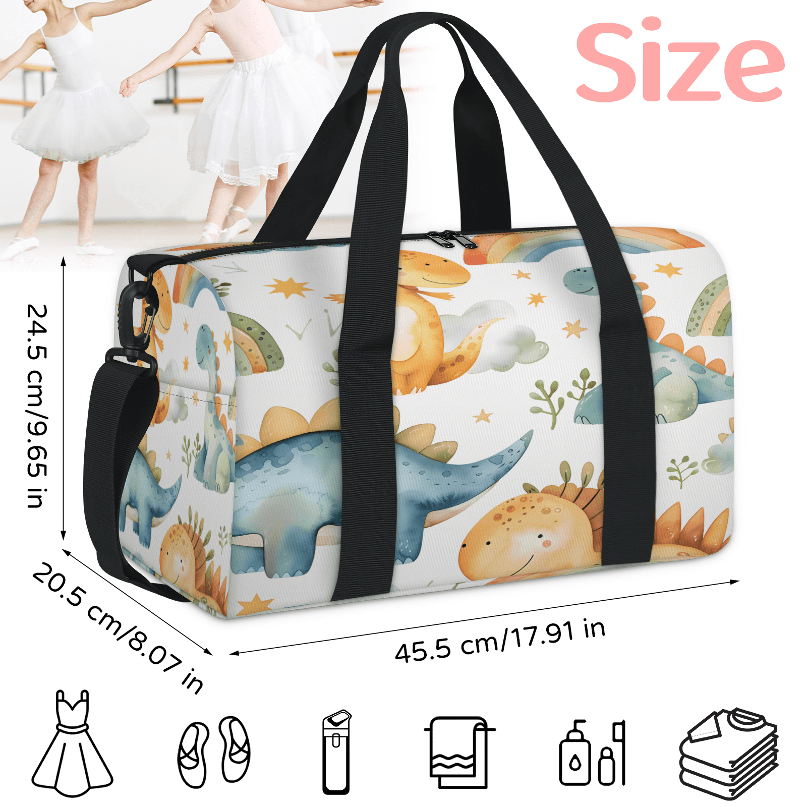 Herdesigns Rainbow Dinosaur Gym Bag for Women, Duffle Bag for Travel Sport, Lightweight Waterproof Carry on Weekender Overnight Dance Yoga Workout Bags