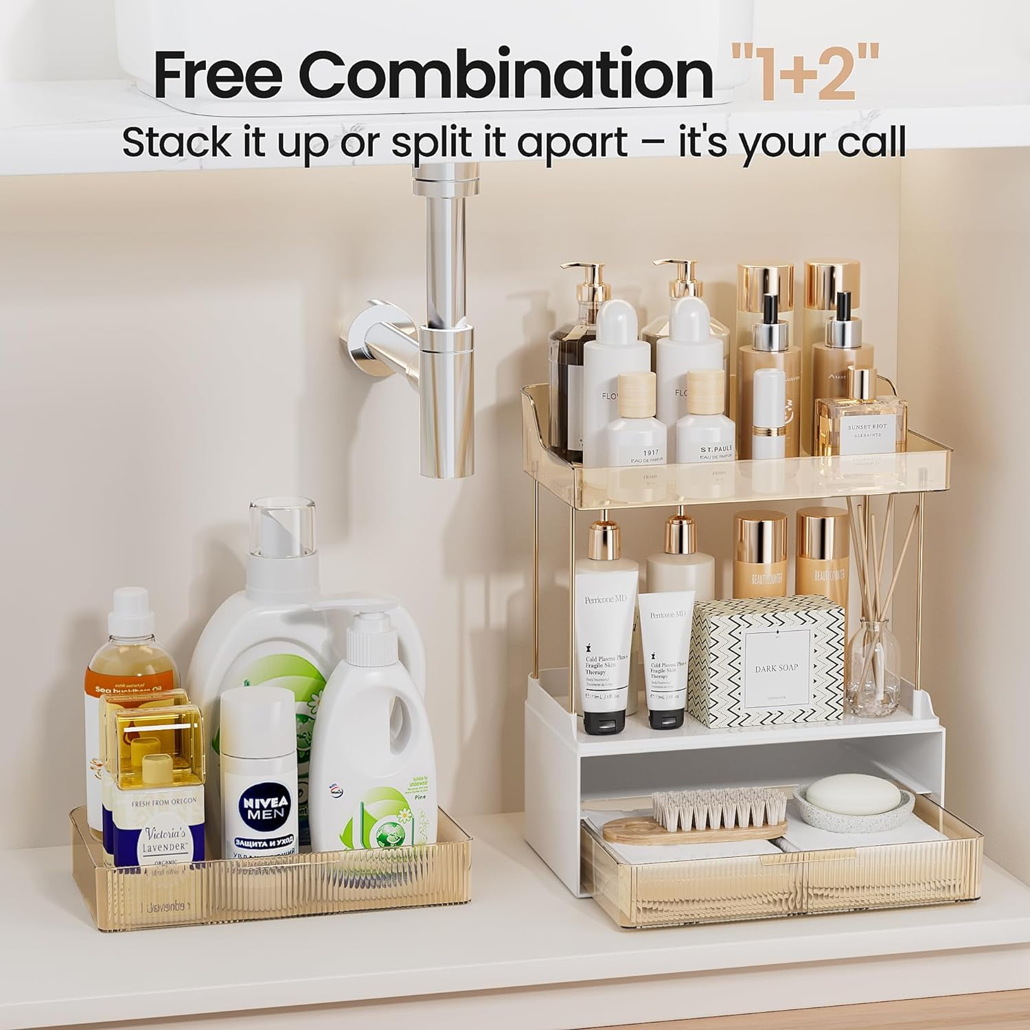 Delamu 2-Tier 2-Drawer Bathroom Organizer Countertop, Multi-Purpose Makeup Organizer Countertop, Large Skincare Organizers, Exquisite Vanity Organizer, Amber