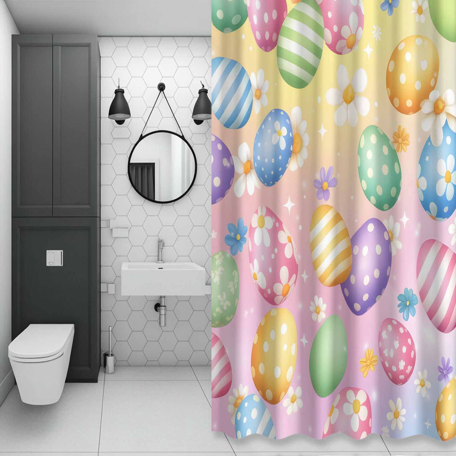 Easter Eggs Shower Curtain for Bathroom, Spring Colorful Easter Eggs Floral Gradient Yellow Pink Waterproof Cloth Fabric Bathroom Accessories Set with 12 Rust Proof Plastic Hooks, 60"x72"