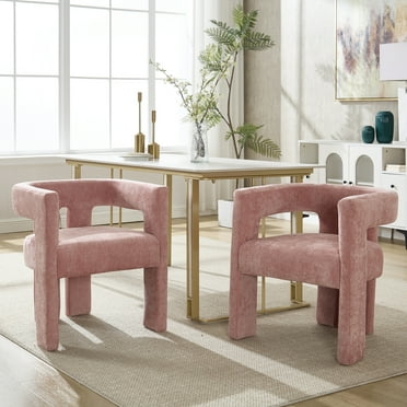 Chenille Upholstered Dinning Chairs Set of 2, Modern Accent Chair with Wood Frame, Barrel Side Armchair for Living Room Dining Room Kitchen, Pink