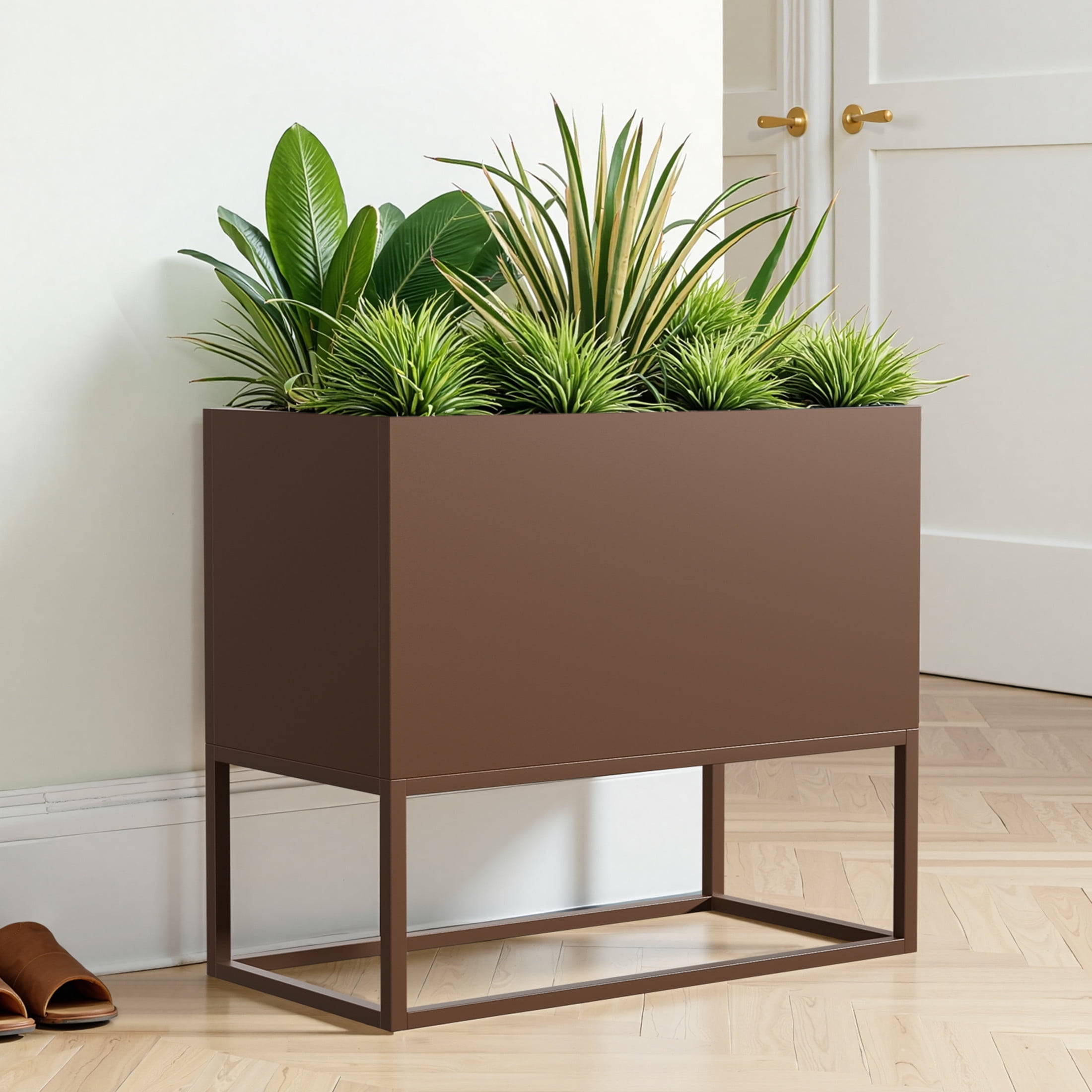 Noble House Minimalist 36“ Rectangular Planter, Raised Base, Drainage Holes, Indoor/Outdoor, Brown