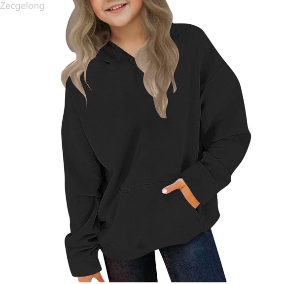 Zecgelong Girls Fleece Hooded Sweatshirt Warm Thickened Pullover With Cuffed Sleeves For Toddler And Big Kids Casual Outerwear Black,Size 4-5 Years