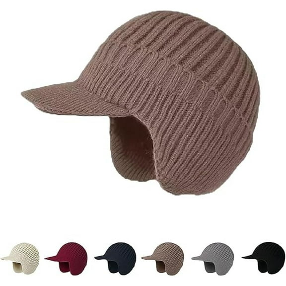 Cozy Head Beanie Winter Hat with Brim and Ear Flaps,Beanie Knitted Hat with Fleece Lining,Warm Ear Protection (Khaki)