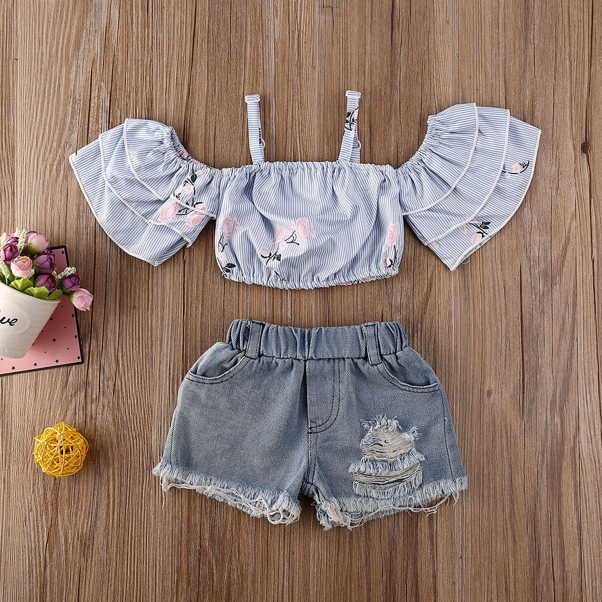 Opperiaya Baby Girls Clothes Set Off Shoulder Crop Tops Ripped Denim Shorts Blue