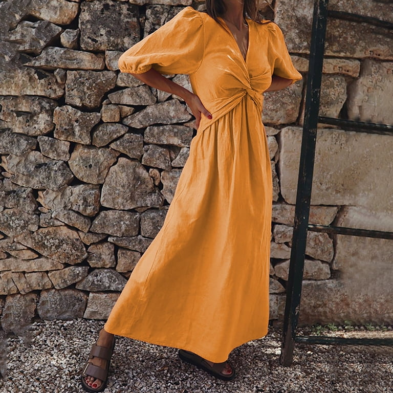 Ladies Linen Solid Color High Waist Slim V Neck Puff Sleeve Dress Cute  Summer Dress Comfy Dresses for Women Dress Casual Women Dresses for Women  Casual Summer plus Size Dresses for Women