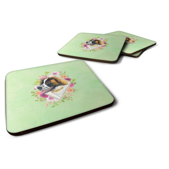 Carolines Treasures CK4347FC Saint Bernard Design2 Green Flowers Foam Coaster Set of 4 3 1/2 x 3 1/2 multicolor