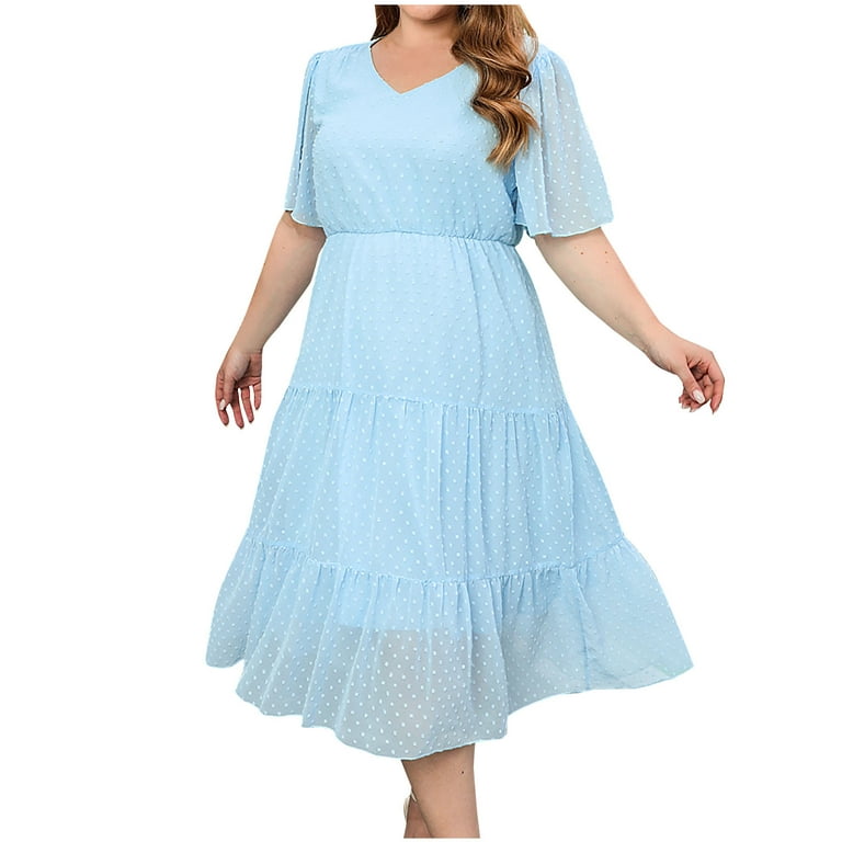 VKEKIEO Plus Size Prom Dresses For Teens Girls Summer Dresses A-line Long  Short Sleeve Solid Light Blue XL