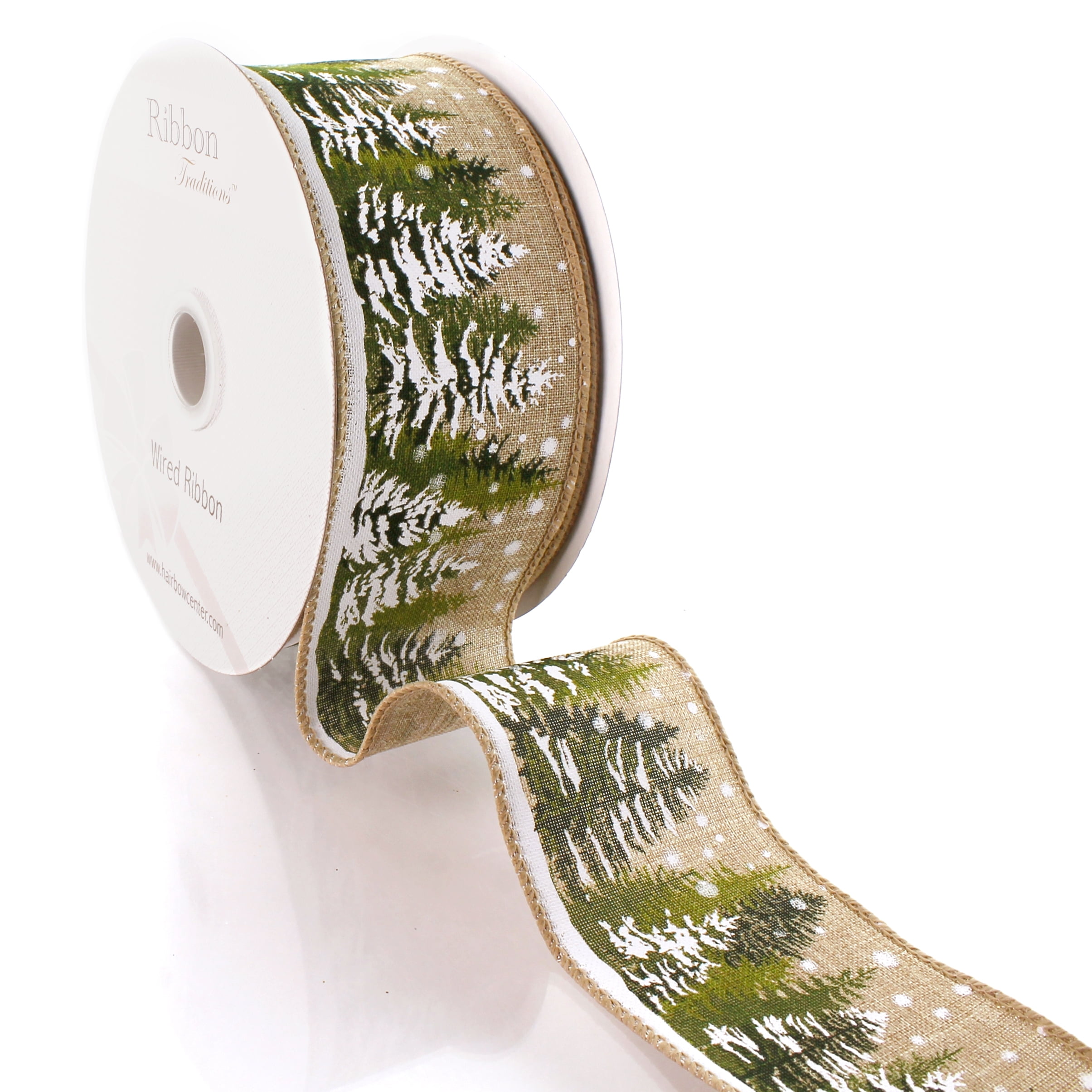 2 1/2" Wired Ribbon Winter Snowy Woodland Trees Burlap 25 Yards