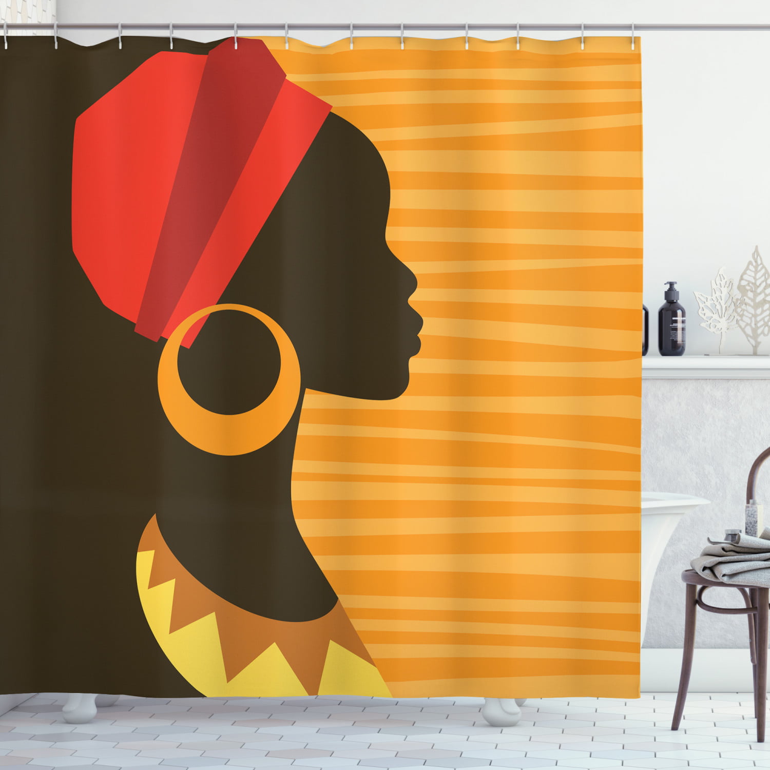 African Woman Totems on Wooden Bathroom Fabric Shower Curtain and Hooks 71inch 