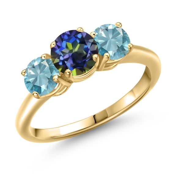 Gem Stone King 18K Yellow Gold Plated Silver Blue Mystic Topaz and Blue Zircon Engagement Ring for Women | 2.70 Cttw | Round 6MM | Gemstone November Birthstone | Size 5