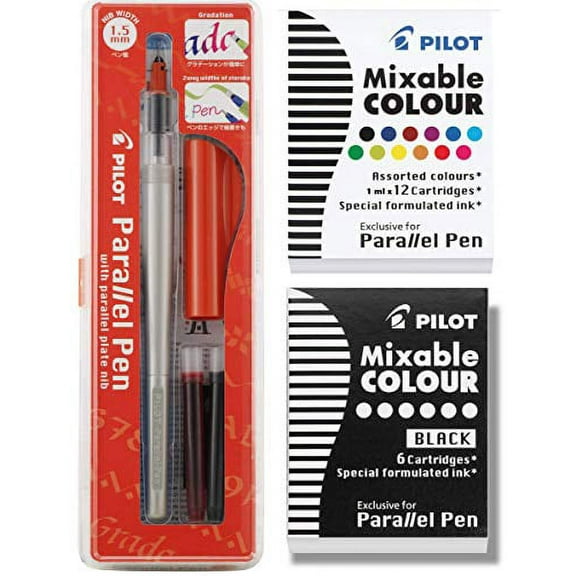 Pilot Parallel Pen 2-Color Calligraphy Pen Set with Black and Assorted Colors Ink Refills, 1.5 mm Nib (90050)