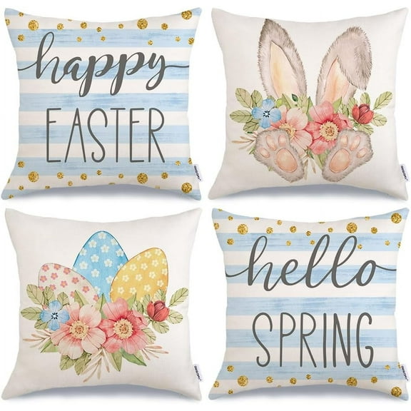 hofaaa Happy Easter Pillow Covers 18x18 Inch Set of 4, Striped Hello Spring Floral Bunny Rabbit Eggs Decorative Farmhouse Throw Pillowcases for Home Sofa Couch Decoration (Blue) G453-18