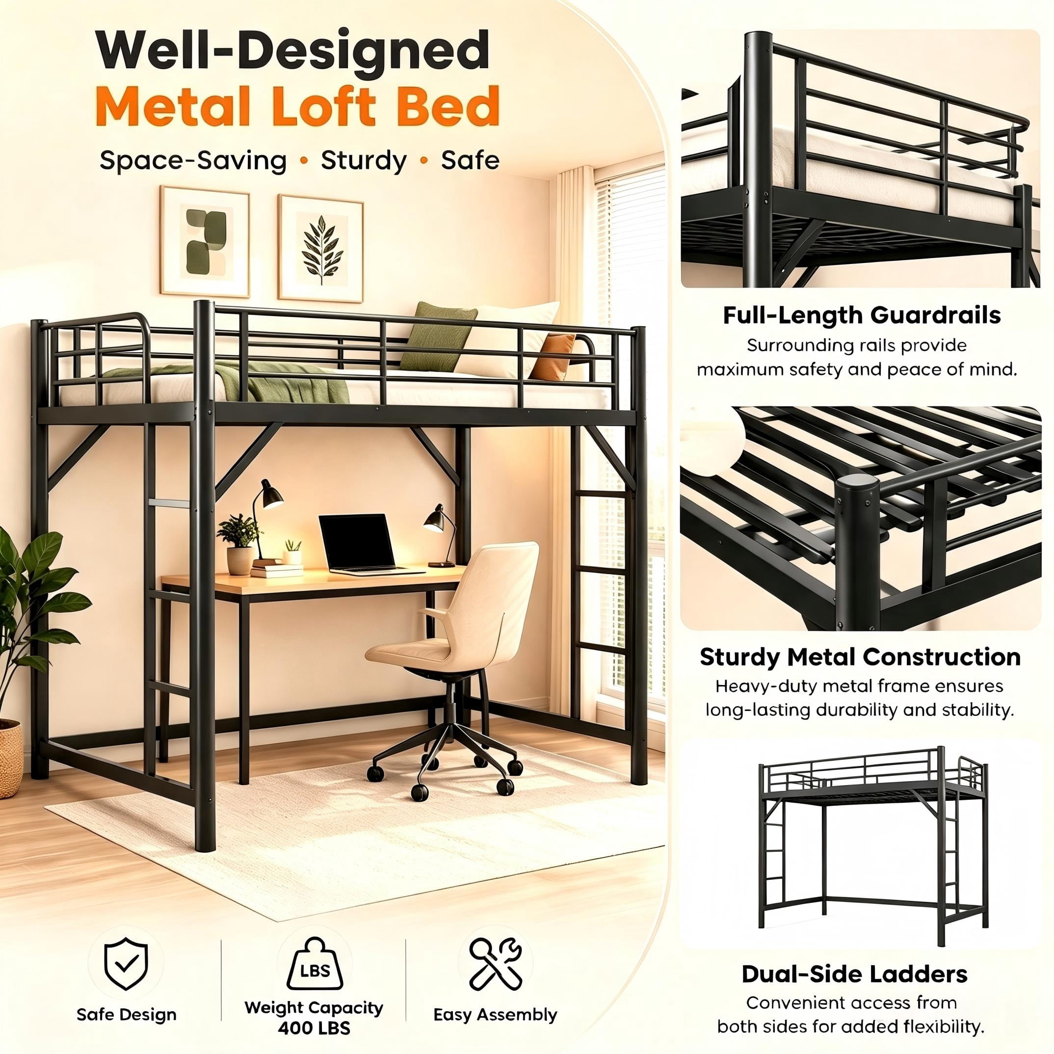 Aukfa Twin XL Metal Loft Bed with Dual Ladders, Space Saving Bed Frame for Kids, Teens & Dorm Bedroom, Black