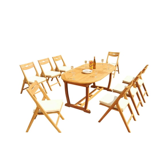 Grade-A Teak Dining Set: 8 Seater 9 Pc: 94" Mas Oval Trestle Leg Table And 8 Surfliner Folding Reclining Arm Chairs Outdoor WholesaleTeak #51SL2309
