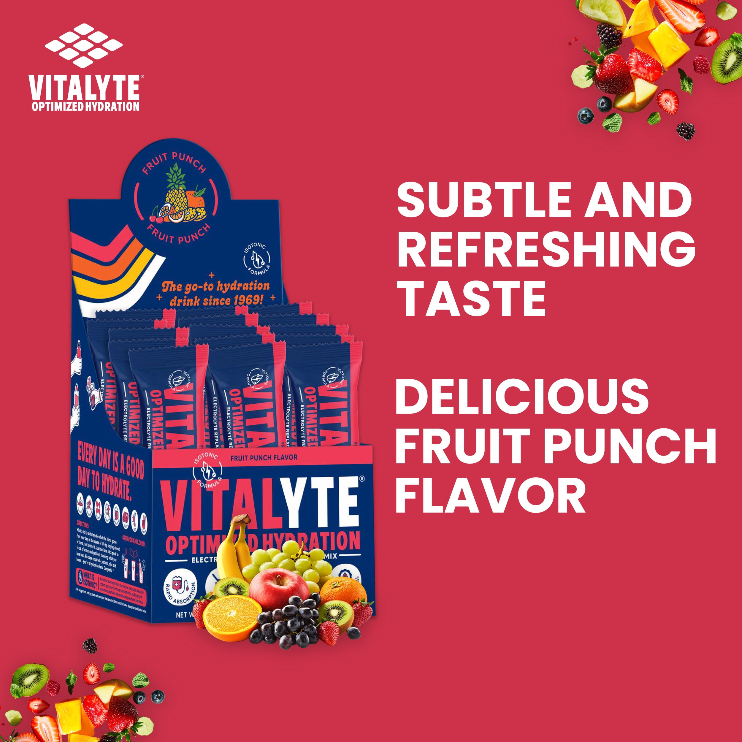 Vitalyte Fruit Punch Electrolyte Powder Packets Mix, Isotonic Hydration, 25 Single Serving Stick Packet