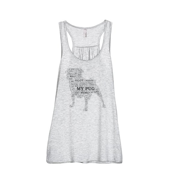 Pug Dog Word Cloud Women's Fashion Sleeveless Flowy Racerback Workout Yoga Tank Top Sport Grey Small