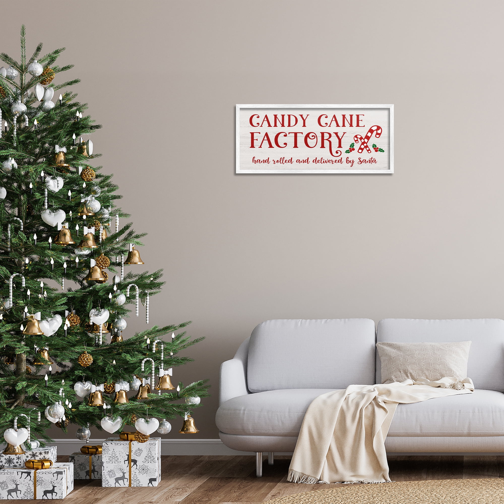 Stupell Industries Candy Cane Factory Holiday Painting White Framed Art Prints Wall Art, 30 x 13