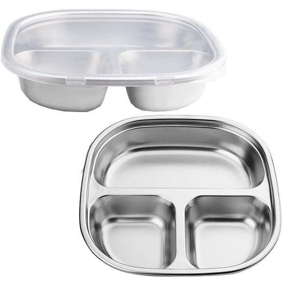 Stainless Steel Compartment Plate,Bexikou 3 Compartments Divided Plate with Lids,Kids Plates,Diet Control Dinner Plate, Unbreakable Compact Food Serving Tray for Kids, Picky Eaters, Campers