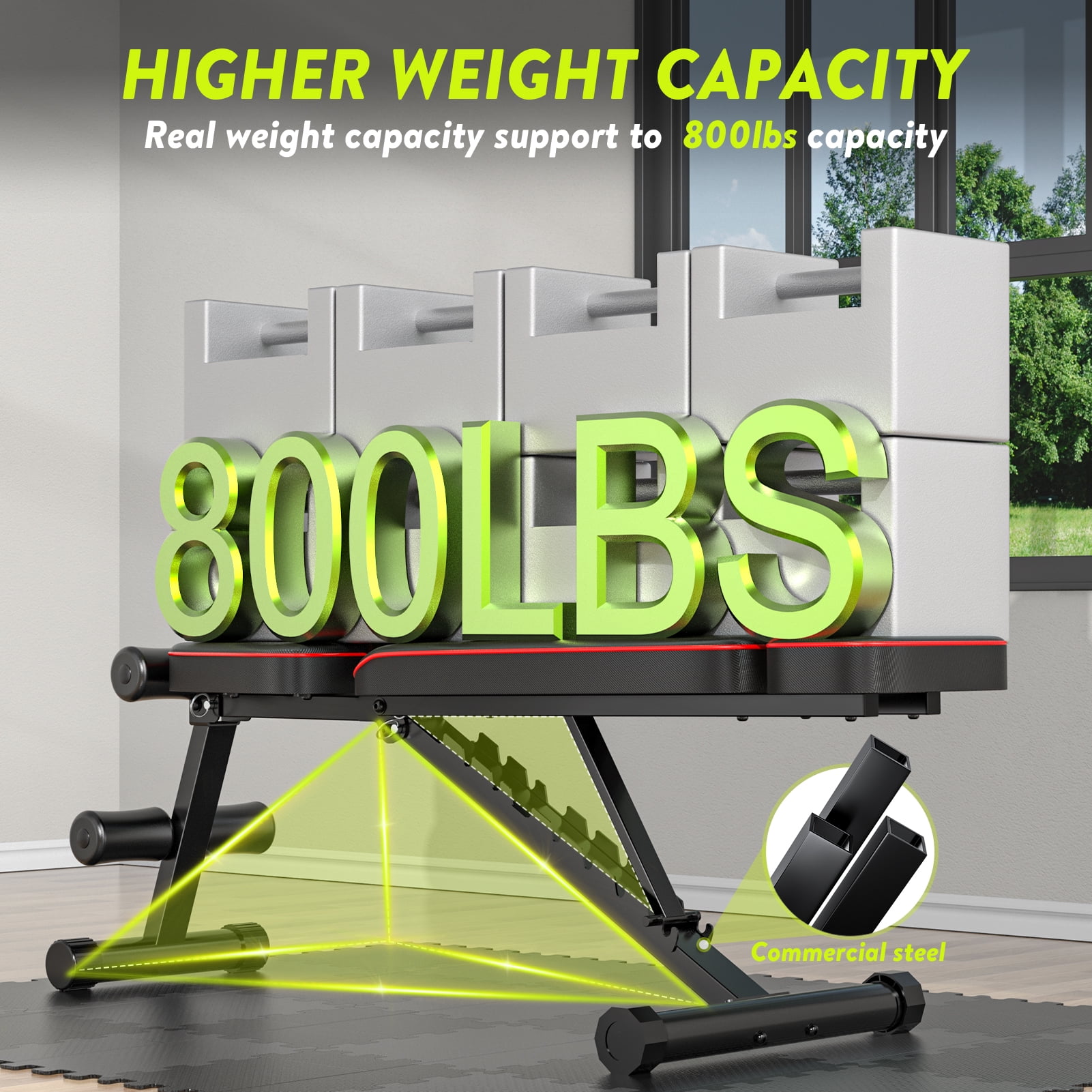 Adjustable Weight Bench Foldable -800LB Workout Bench, Extended head and neck protection design, 3 Sec Fast Folding Multi-Purpose for Full Body Workout
